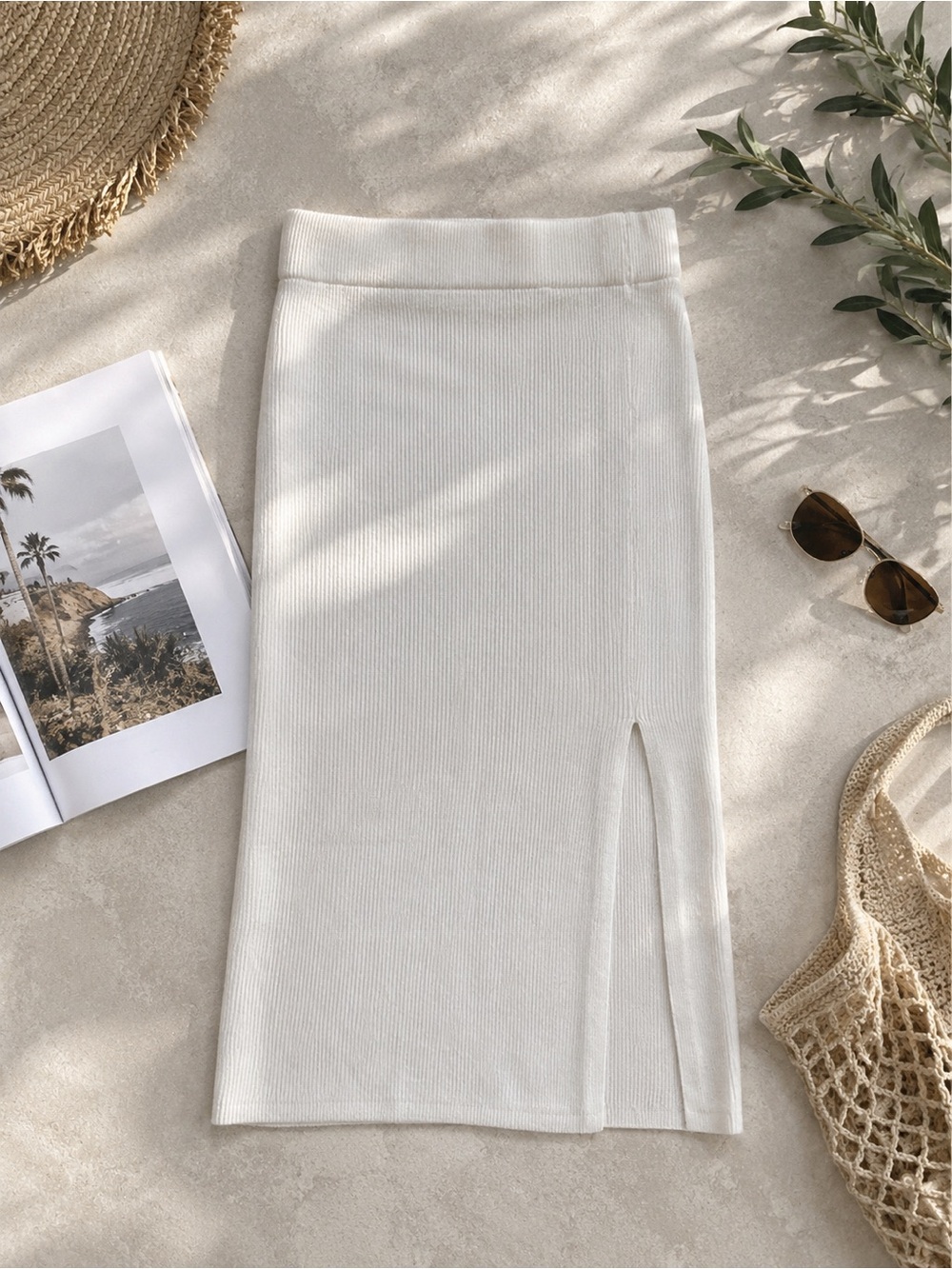 Abercrombie & Fitch Elegant White Ribbed Knit Midi Skirt with Front Slit